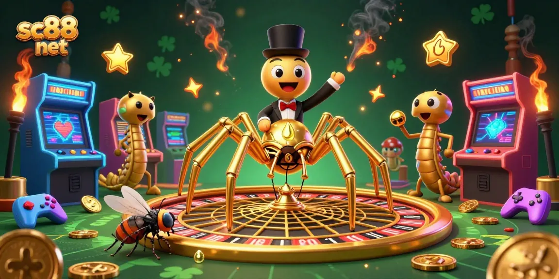 Experience thrilling bets at sc88 net with a golden spider dealer and colorful game elements in a vibrant casino scene.