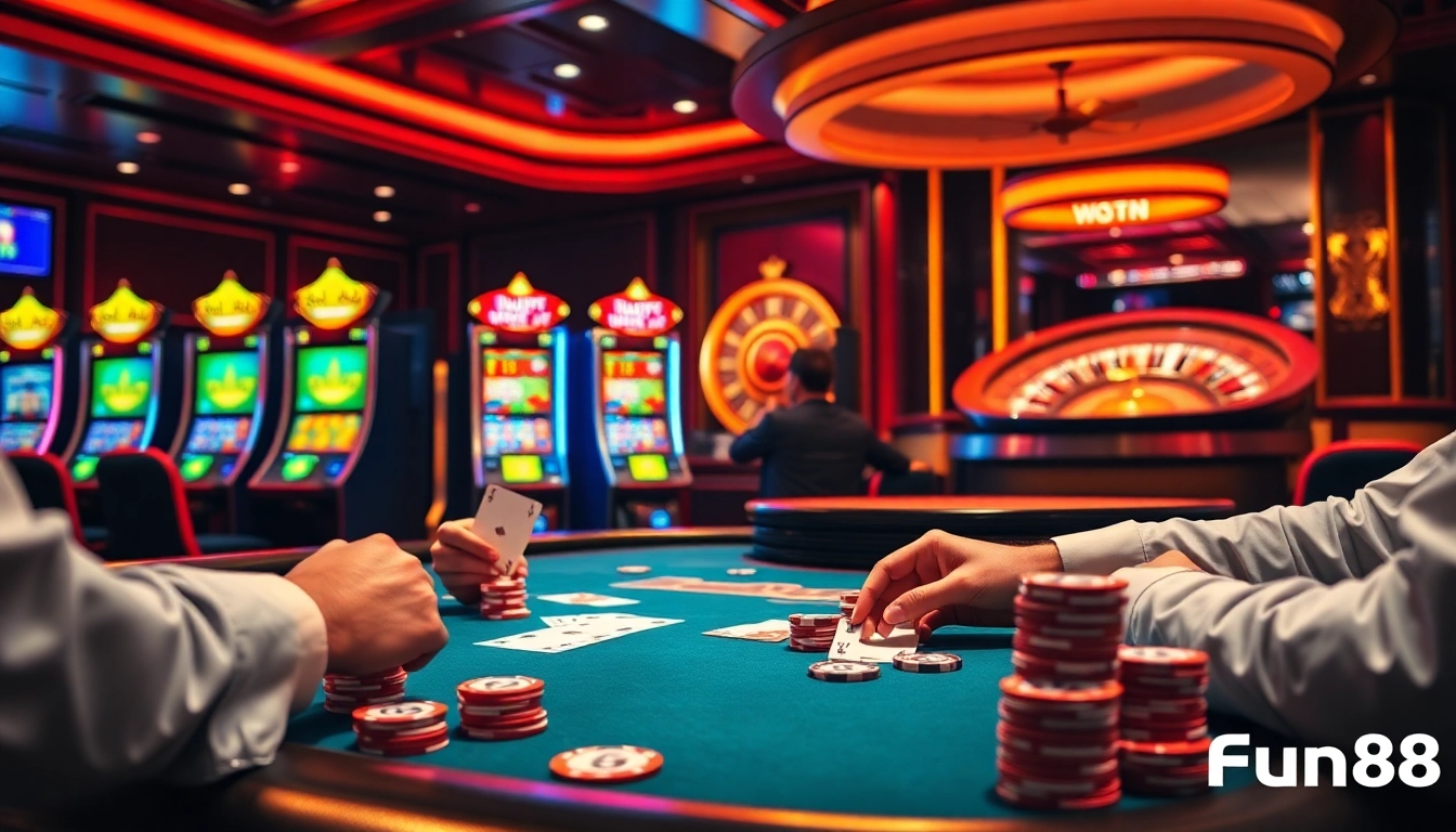 Engage in thrilling gameplay at the Fun88 poker table surrounded by vibrant casino elements.