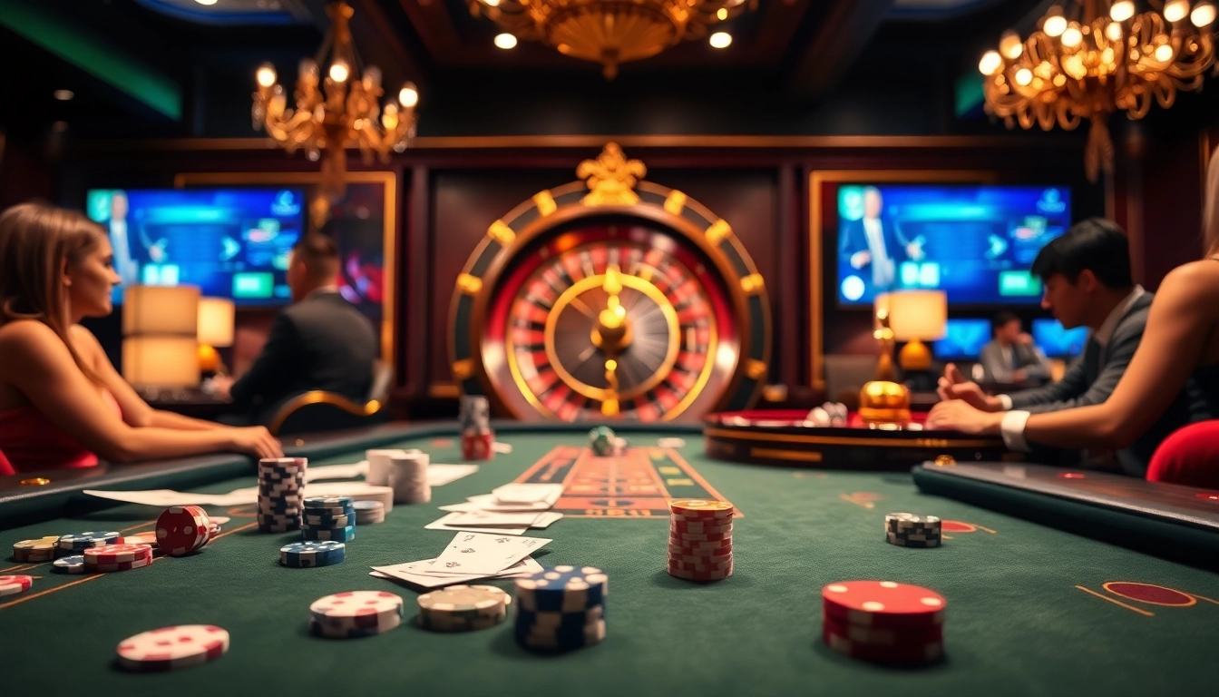 Experience thrilling gameplay at https://du88.sbs/ with a luxurious casino setting featuring poker tables and vibrant roulette wheels.