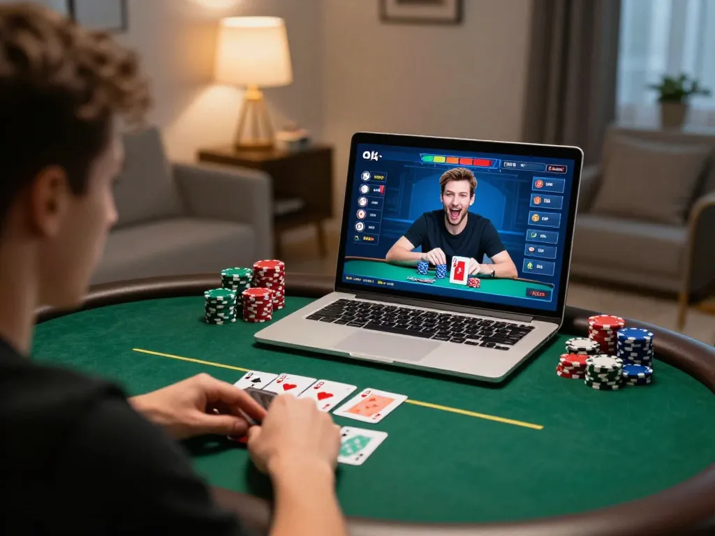 Engaging poker gameplay showcasing nhà cái cm88 platform on a laptop with chips and focused player.