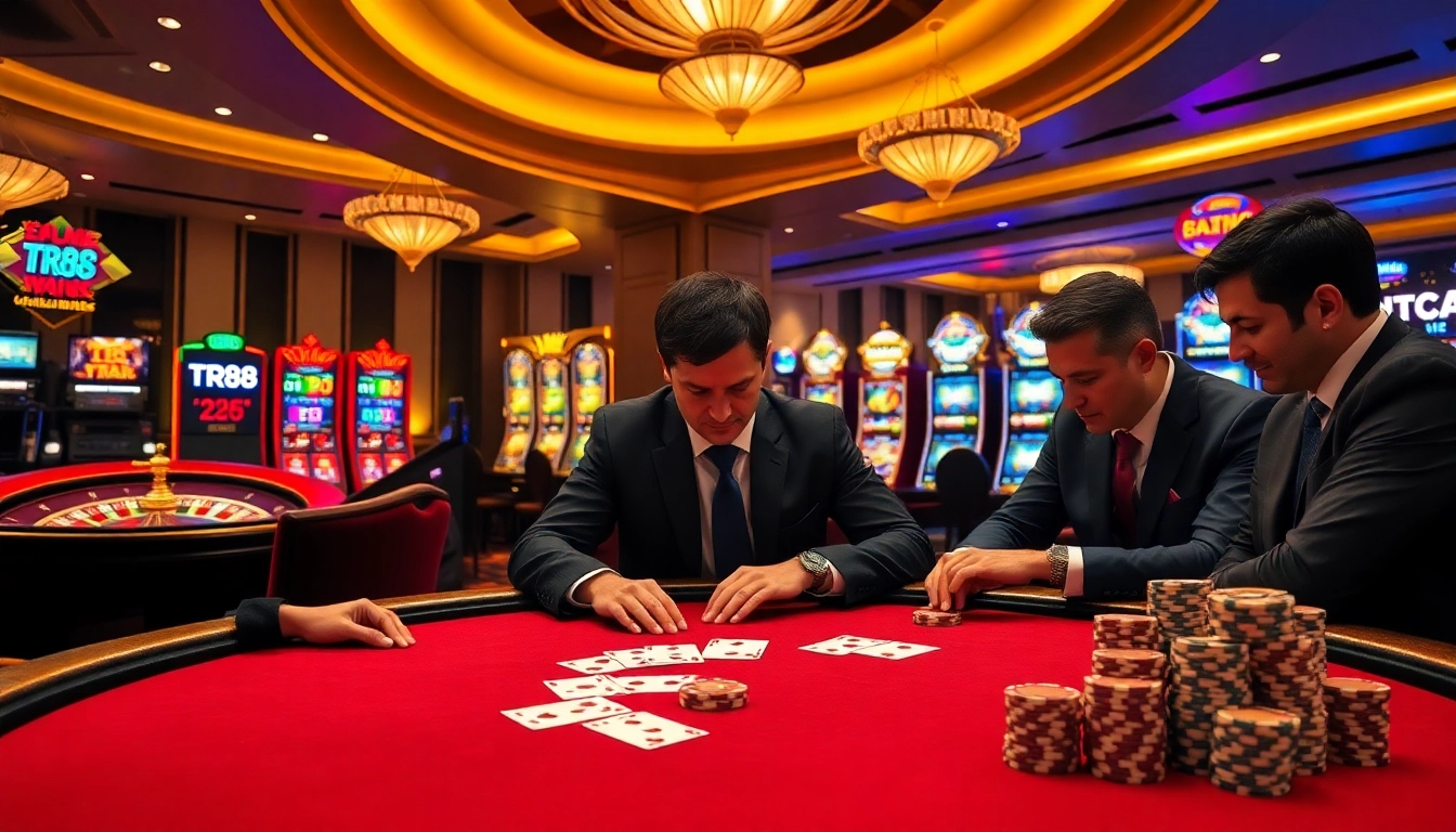 Engaged players at a TR88 poker table, showcasing high-stakes betting and casino excitement.