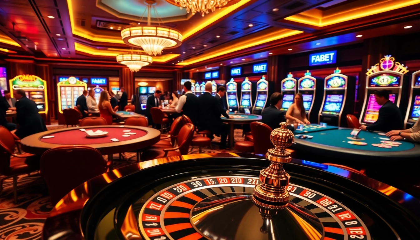 Experience excitement at FABET's lively casino with elegant gaming tables and vibrant slot machines.