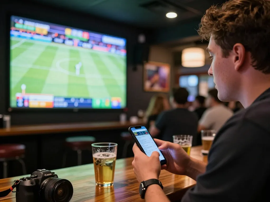 Placing live bets onแทงบอล during a thrilling sports match at a crowded sports bar.