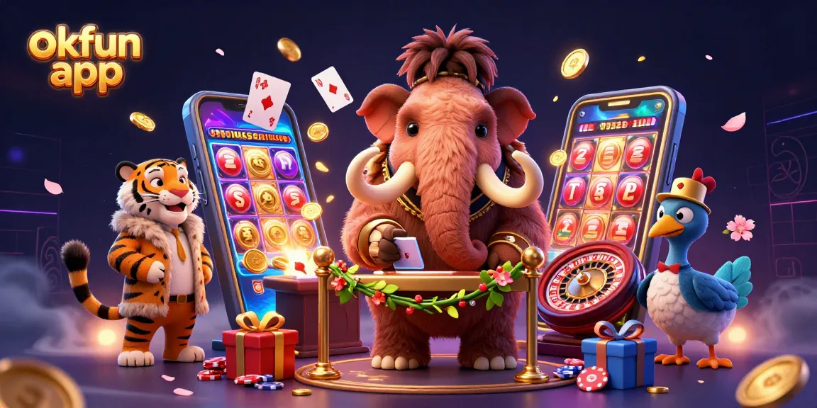 Experience gaming excitement with the okfun app featuring vibrant characters and casino elements.