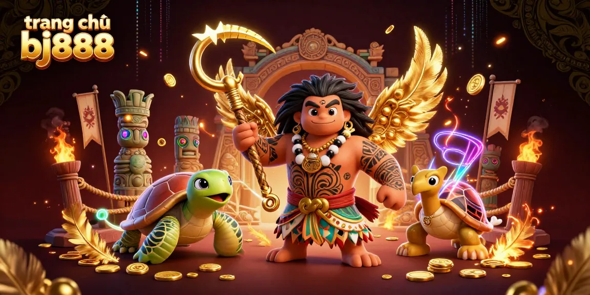 Experience high-stakes action at trang chủ bj888 with a colorful Polynesian-themed illustration featuring vibrant characters and gambling elements.