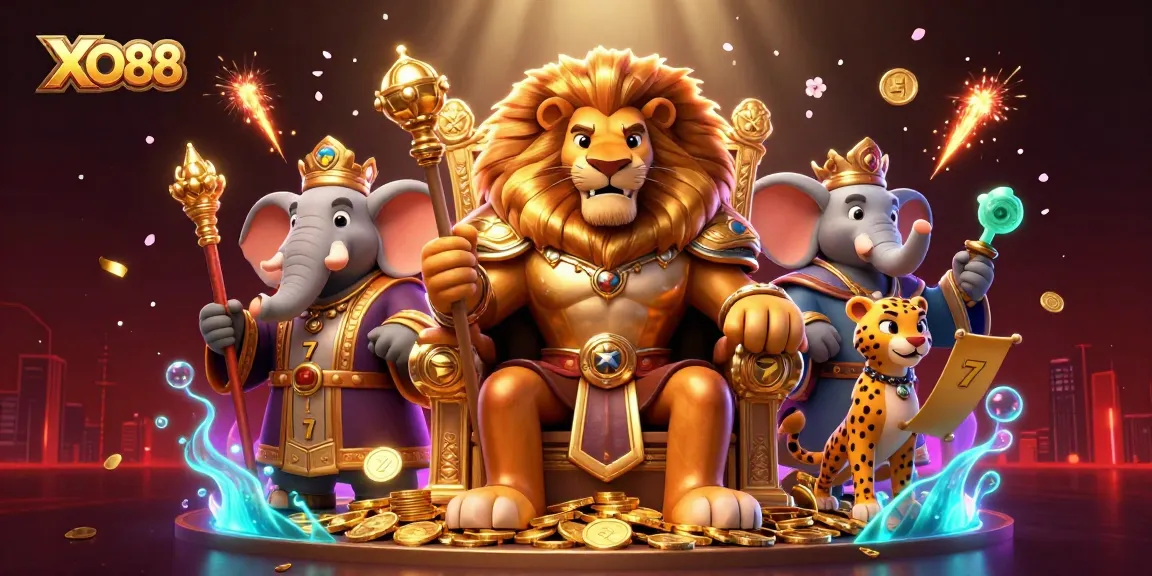 Experience thrilling slots with XO88 as the lion king reigns over a vibrant casino scene.