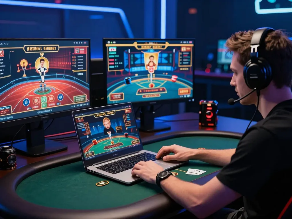 Engaging in high-stakes poker at 789WIN with multiple gaming screens and professional setup.