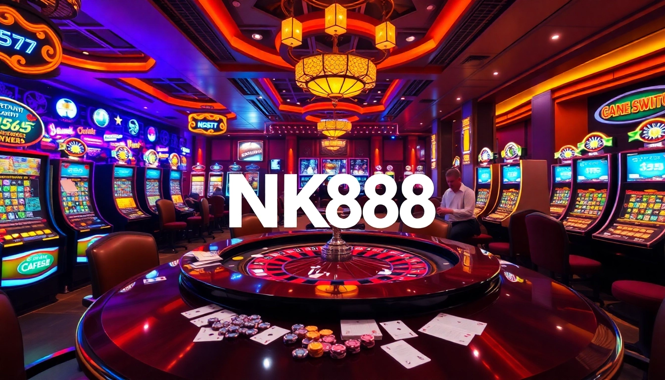 Engaging gaming scene at NK88 casino with poker chips and a roulette table.