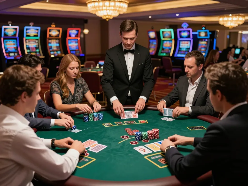 Players engaging in intense blackjack game at the upscale casino, highlighting HM88 strategies for winning