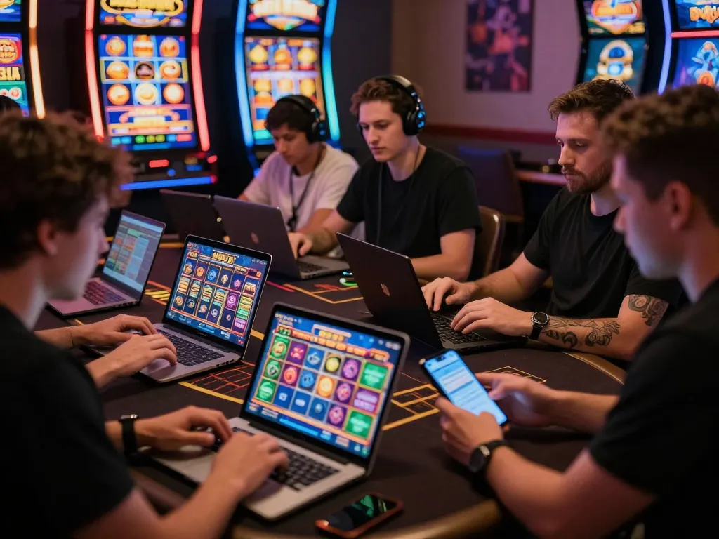 Players enjoying gem88 online casino games in a vibrant home setting.