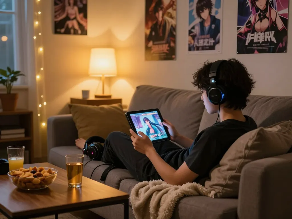 Engaged player enjoying porn games on a tablet in a cozy living room.