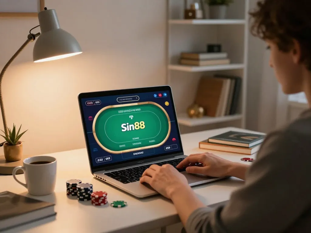 Engaging online gambling experience on Sin88 with a player strategizing at home.