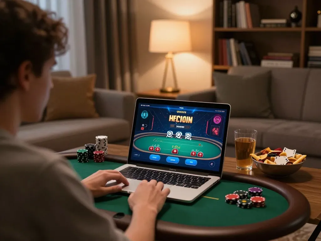Player engaging in online poker at home while using the sv368 app on their laptop