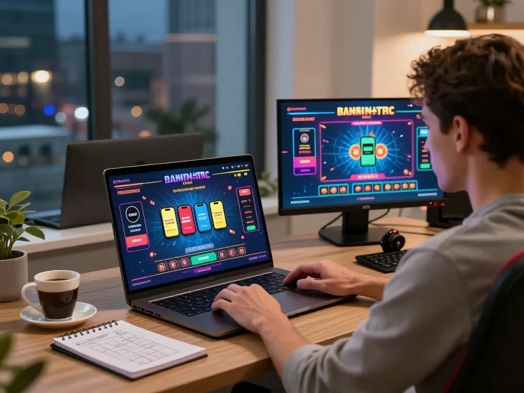 Engaged user enjoying BJ888 online gambling with vibrant game interface and city view.