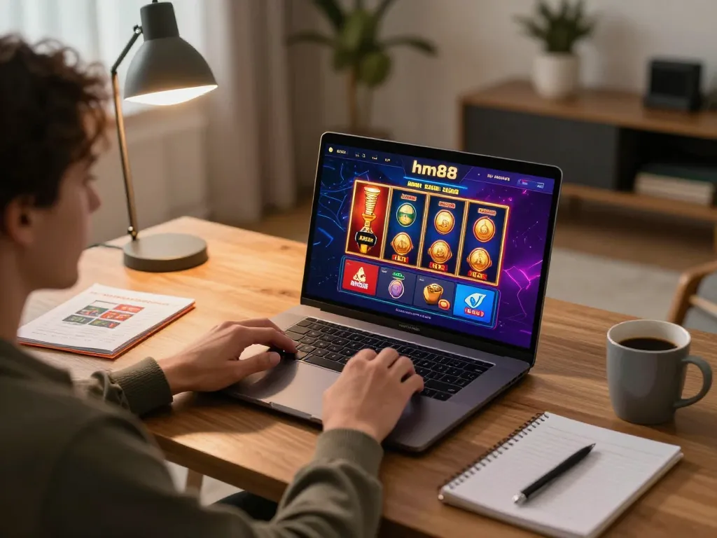 Engaging online gaming experience at home with hm88 casino interface on a laptop screen