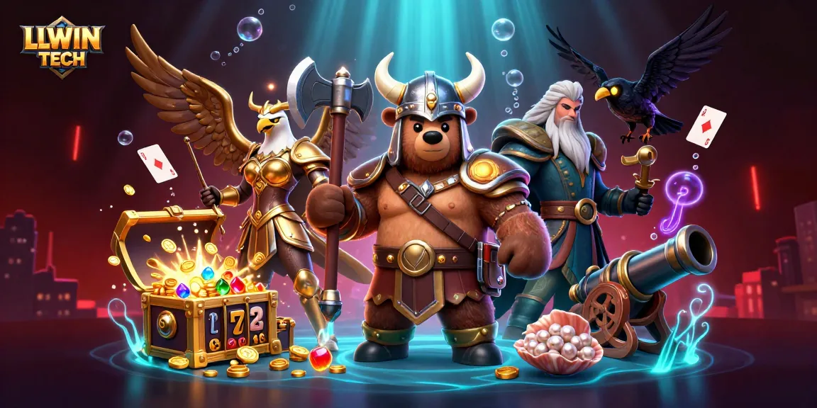 Engage in thrilling gameplay with LLWIN TECH's cartoon Viking and Valkyrie surrounded by treasure and slot play.