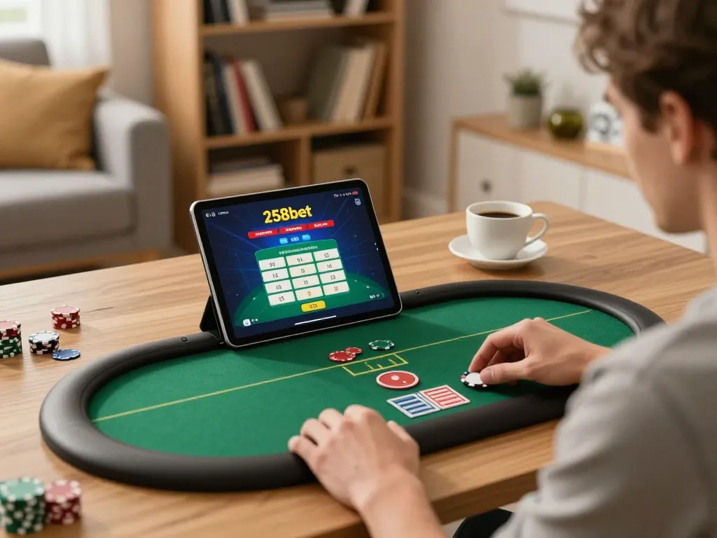 Engaging in strategic gameplay on the 258bet app in a cozy home setting.