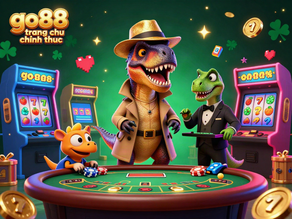 Experience the excitement of go88 trang chu chinh thuc as a velociraptor card counter plays blackjack amidst vivid casino elements.