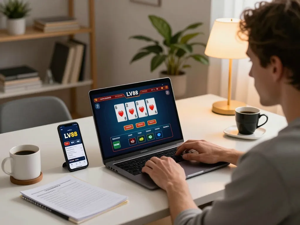 Engaged player enjoying LV88 live dealer casino game on a cozy home setup.