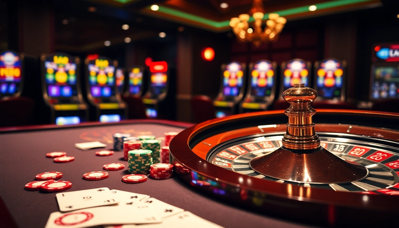 Thrilling casino experience at LUCK8 showcasing poker chips and a roulette wheel.