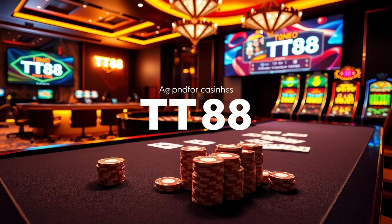 Engaging table scene at Trang chủ TT88 showing players with chips and cards in an upscale online casino environment.