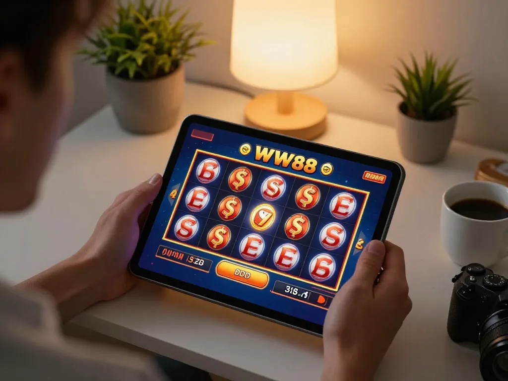 Player engaging with WW88 slot games on a tablet in a cozy home setting, showcasing vibrant graphics.