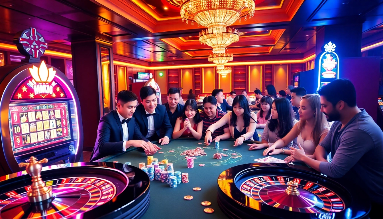 An engaging scene on Trang chủ MMOO, featuring players enjoying high-stakes gambling at a vibrant casino table, displaying excitement and luxury.