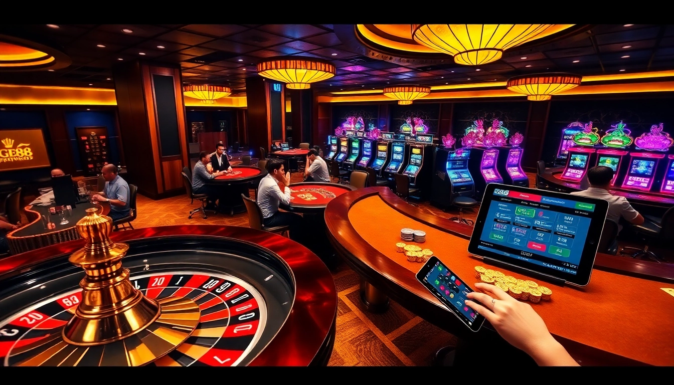 Lode88 gamblers enjoying high-stakes poker and roulette in a luxurious casino setting.