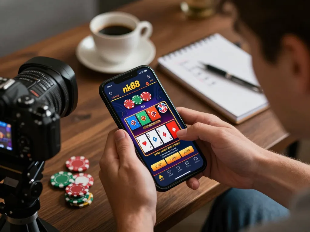 Player using the nk88 app on a smartphone while enjoying a cozy home casino experience.