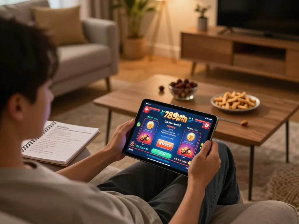 Engaging in online gaming with 789win link mới on tablet, cozy home atmosphere