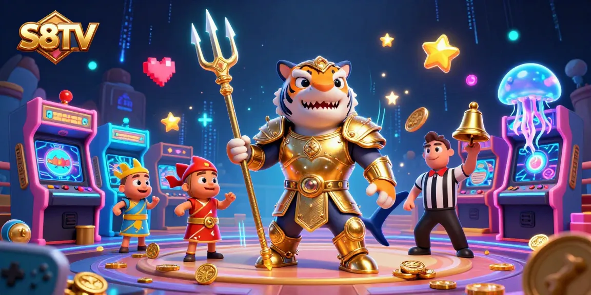 S8TV delivers thrilling underwater gaming action with vibrant characters and 3D arcade elements in a dynamic scene.