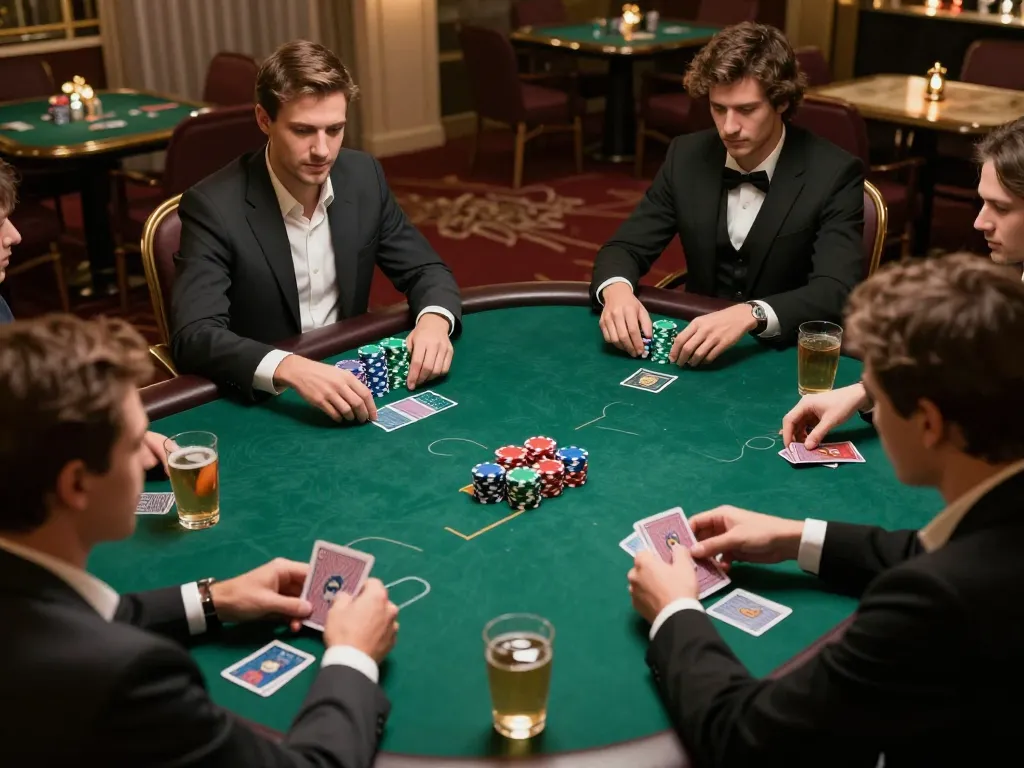 The cm88 poker game in a luxurious setting features players strategizing with cards and chips.