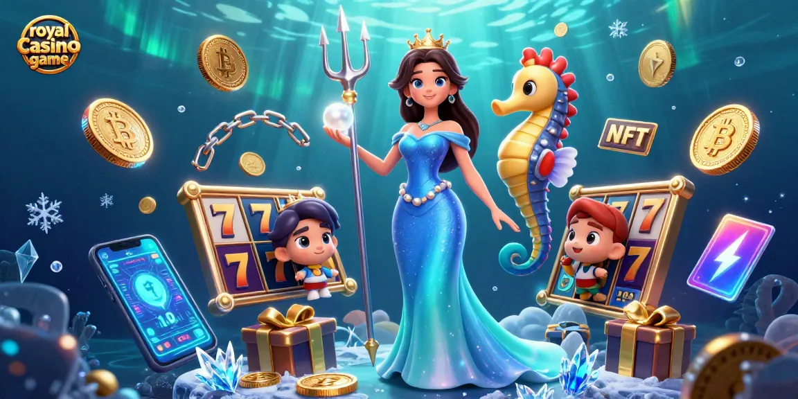 Engage with the royal casino game enjoying immersive gameplay amidst vibrant slot reels and glowing cryptocurrency elements.