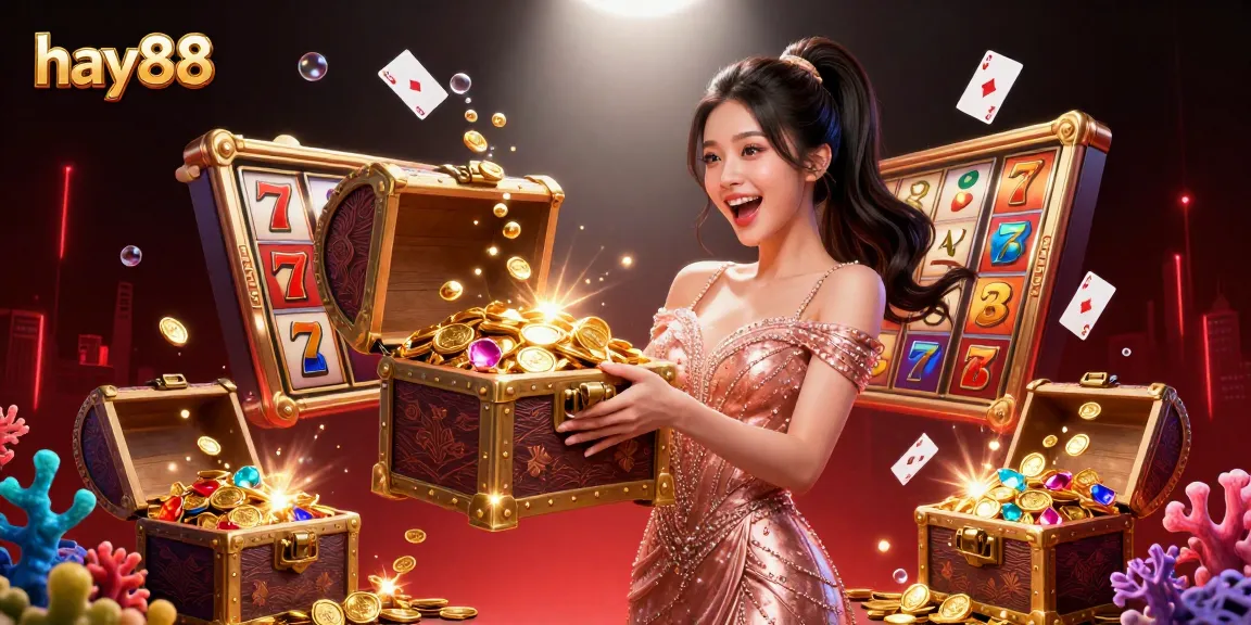 Experience excitement at hay88 with a gorgeous Asian woman revealing a treasure chest filled with gold coins.