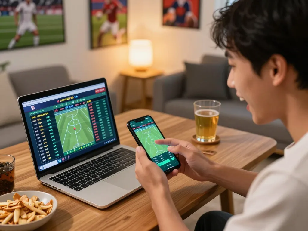Excited player using https://tx88.bid/ for online sports betting on smartphone in a cozy environment