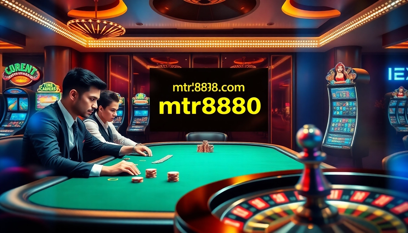 Players engaged at a vibrant poker table in a luxurious setting at https://mtr888.com/ with animated slots and roulette.