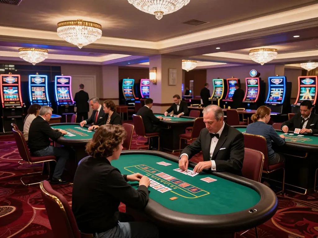 33WIN players engaging in an exciting blackjack game on a vibrant casino floor.