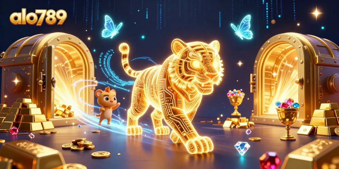 Engage with alo789's dynamic casino experience featuring a neon tiger alongside treasures and holographic butterflies.