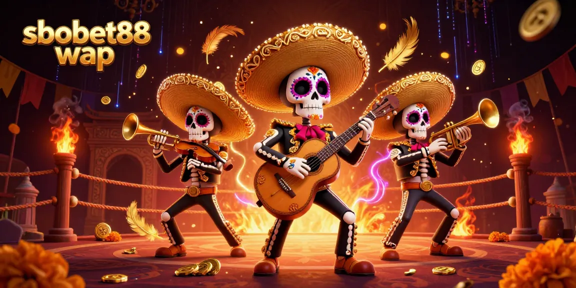 Engage with sbobet88 wap features in a dynamic casino-themed digital illustration with a vibrant mariachi band.