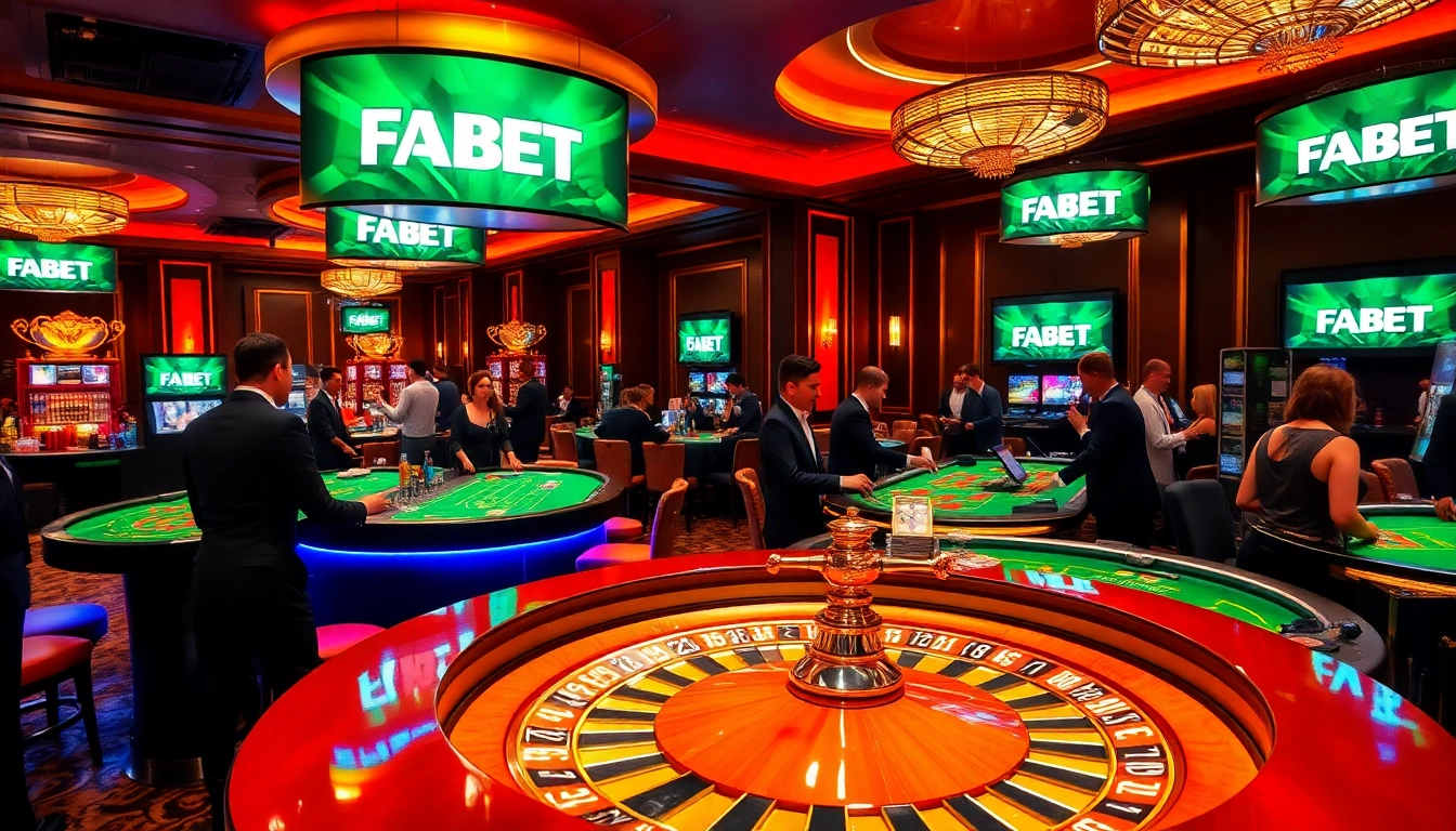 Experience the thrill of FABET at a luxurious casino table with engaged gamblers.