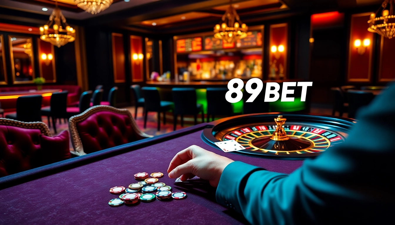 Exciting poker action at 89BET casino with vibrant chips and elegant table setup.