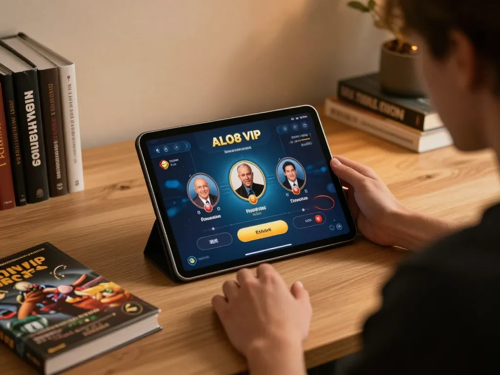 Engaging with ALO8 VIP online casino game on a tablet, highlighting responsible gaming practices.