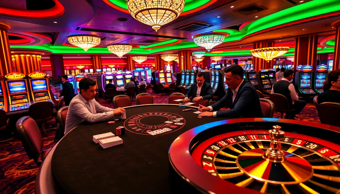 Experience the thrill of gaming at LC88 Casino with poker tables and vibrant slot machines.