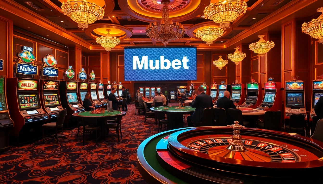 Mubet players enjoying a thrilling casino experience with roulette and poker chips on display.