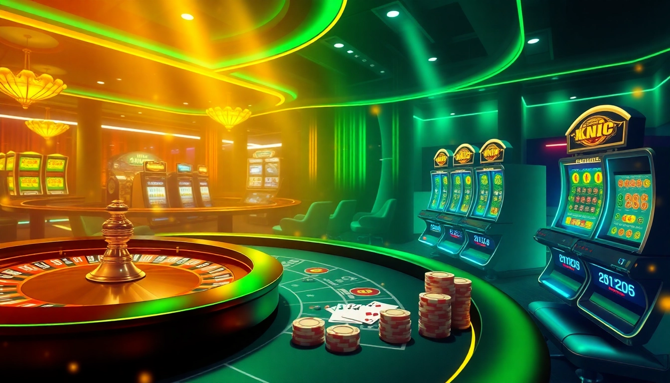 KJC offers an exciting online gambling interface with roulette wheels and poker chips.