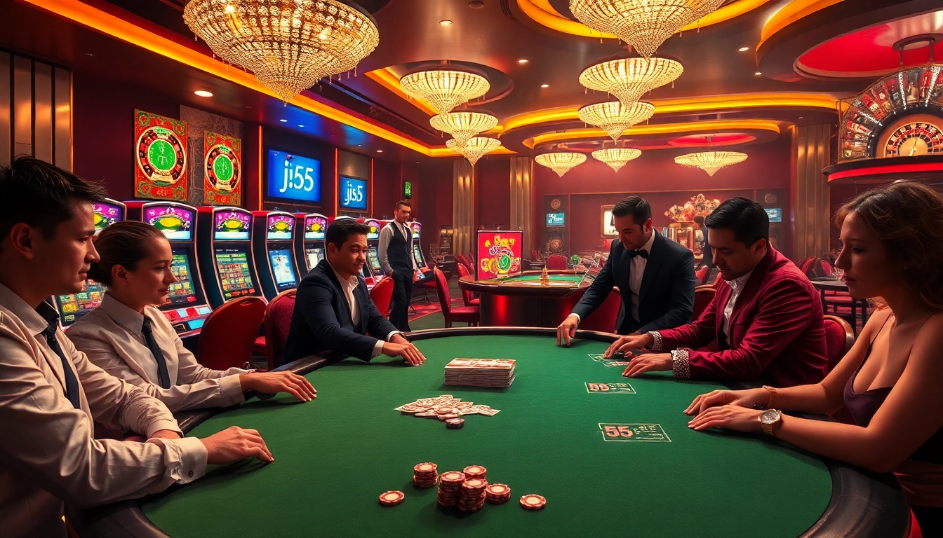 Players engaging in high-stakes poker at a luxurious casino with jl55 elements visible.