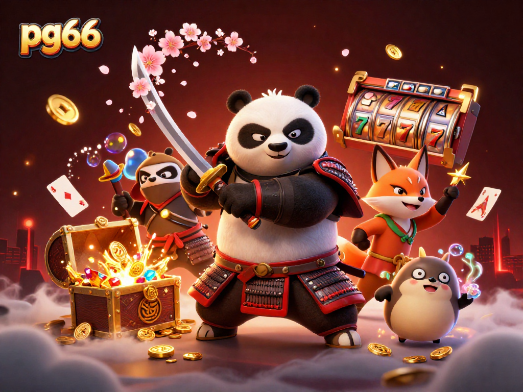 Join the excitement at pg66 with a fierce 3D samurai panda, ninja fox, and magical tanuki in a vibrant casino scene.