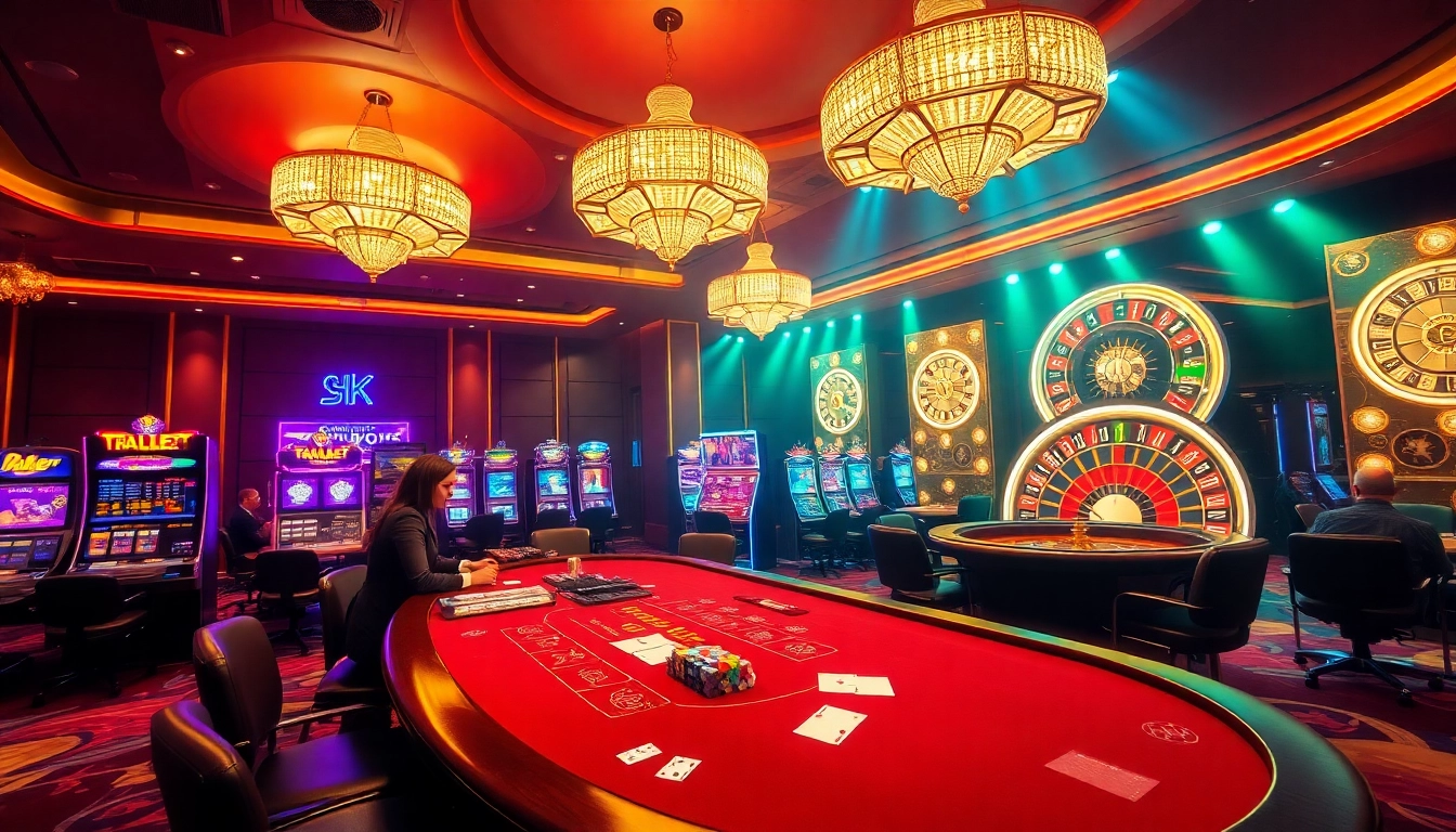 Experience the thrill of kk win gaming in a luxurious casino setting with vibrant tables and players.