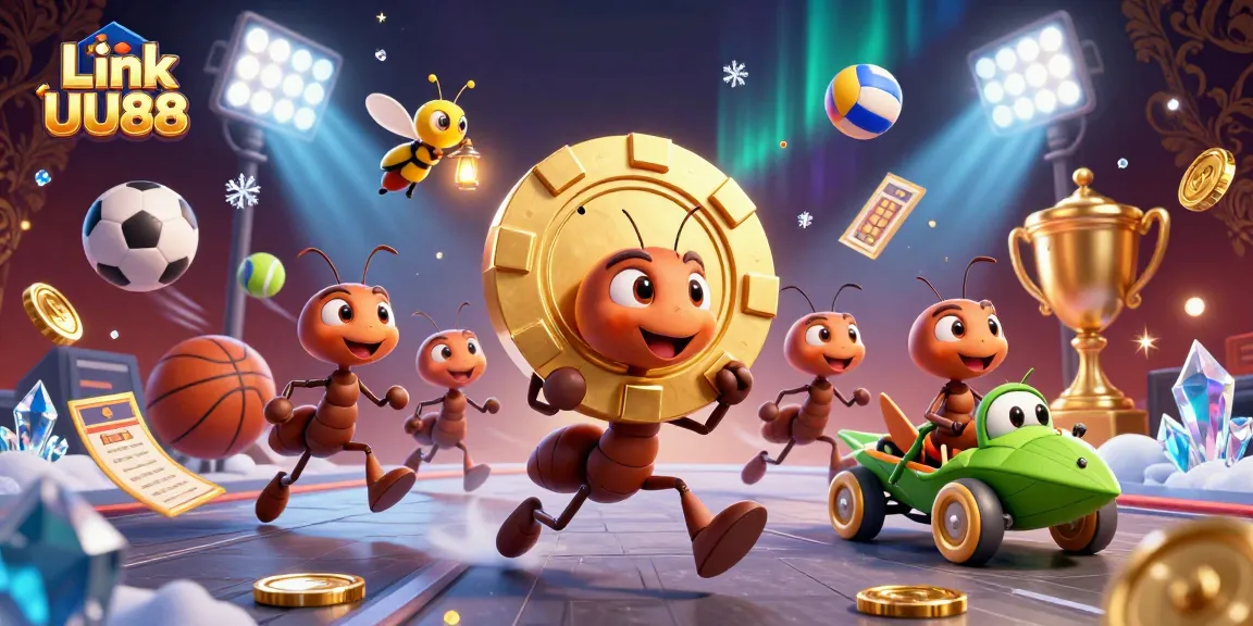 Bet big with Link vào UU88, as ants cleverly strategize a heist for a giant poker chip amidst a dynamic casino setting.