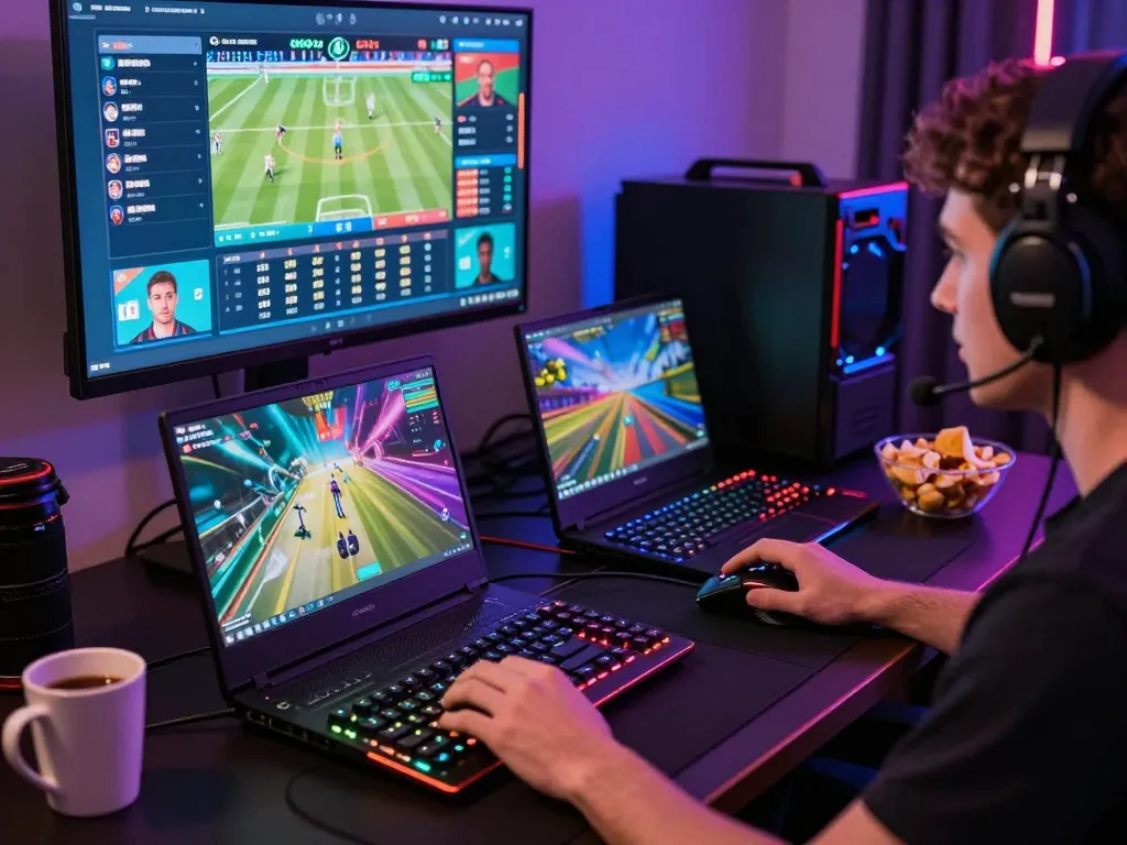 Engaged player enjoying diverse games on nhà cái Goal123 platform with vibrant interface and gaming accessories.